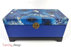 Blue rectangle lacquer box hand-painted with lotus pond included with stand 18x35 cm